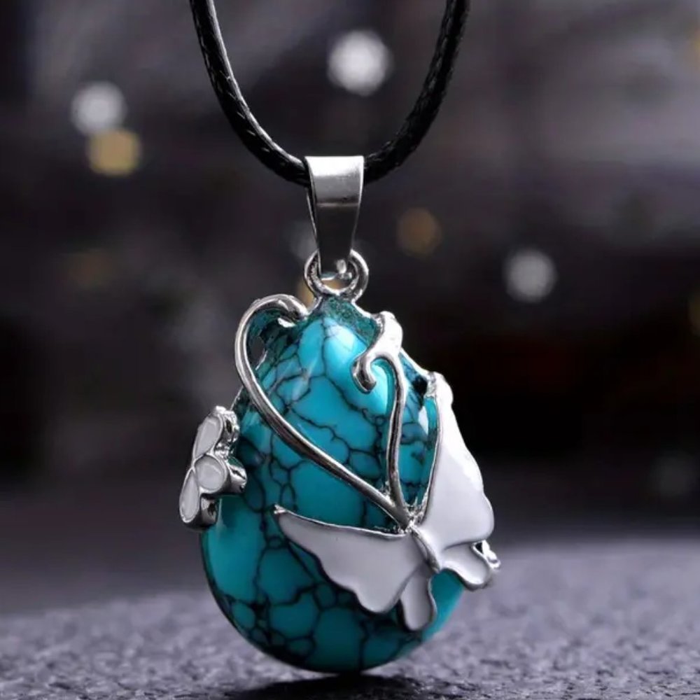 Butterfly Pattern Water Drop Blue Howlite Natural Stone Pendant Necklace